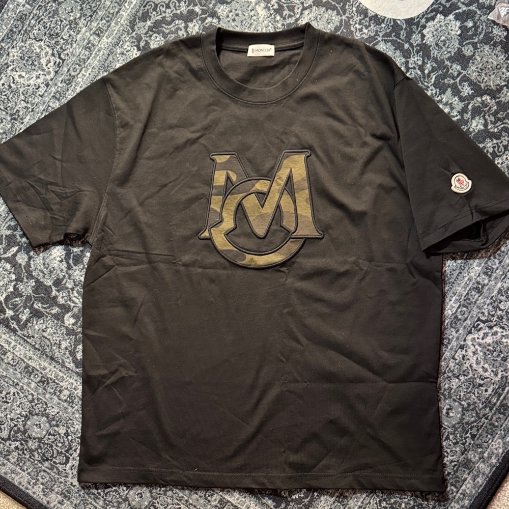 Moncler Black Tee with Olive Camo Logo